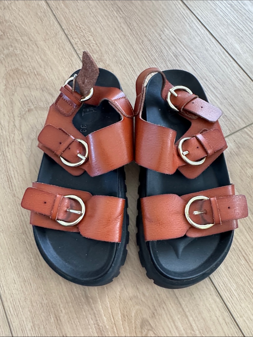 Zara Brown Leather Double-Buckle Kids Sandals Size 2